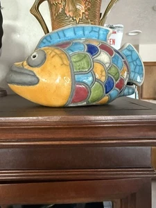 Vintage RAKU MultiColor Hand Made & Painted Initialed Mosaic Koi Fish - Picture 1 of 2