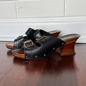 Rindi Black Leather Wooden Heel Sandals Size 38 Vintage Style - Picture 1 of 9
