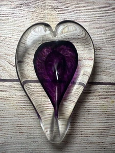 Clear Purple Art Glass Heart Paperweight Hand Blown Heart Paperweight 5x3.5” - Picture 1 of 8