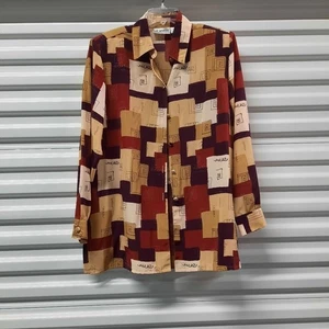 Vintage Liz Baker Shirt Women Large Red Gold Blouse Top Button Front Luxury - Picture 1 of 8