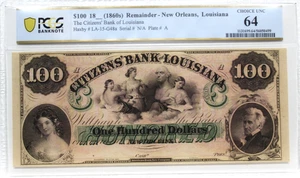 1860's $100 CITIZENS Bank New Orleans Louisiana  PCGS 64 CHOUCE UNCIRCULATED NIC - Picture 1 of 4