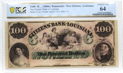 1860's $100 CITIZENS Bank New Orleans Louisiana  PCGS 64 CHOUCE UNCIRCULATED NIC - Image 1 of 4