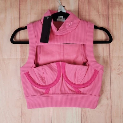 Reebok Crop Top Womens Small Astro Pink Stretch Cardi B Ribbed Logo Mock Neck - Image 1 of 4