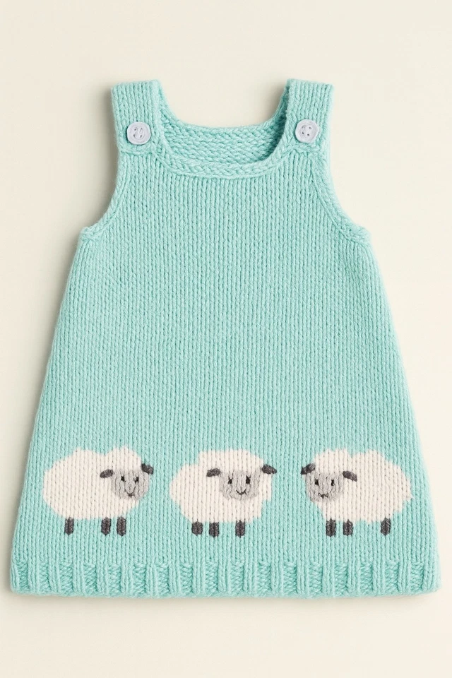 TURQUOISE BABY'S SLEEVELESS PINAFORE DRESS SHEEP DK KNITTING PATTERN 0-24 MONTHS - Image 1 of 1