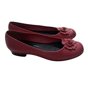 VTG Etienne Aigner Ballet Flat Shoes Womens 8 Red Pink Leather Rosette Floral - Picture 1 of 12