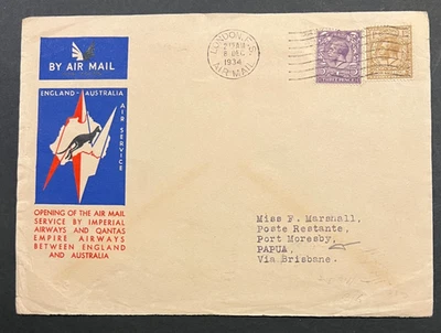 GB KGVI 1934 First Flight Imperial Airways & Qantas Empire to PAPUA via Brisbane - Image 1 of 3