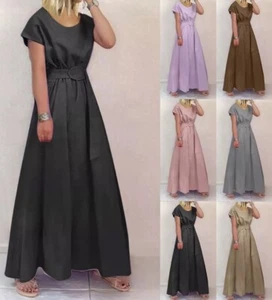Women Fashion Elegant V Neck Solid Swing Dress Loose Belt High Waist Maxi Dress - Picture 1 of 7