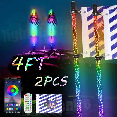Pair 4ft RGB Spiral LED Whip Lights Antenna Chase + US Flag & Remote for ATV UTV - Image 1 of 4