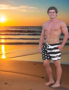 MEN'S USA FLAG BLACK & WHITE SWIM TRUNK BOARD SHORTS AMERICAN SWIMTRUNK - Picture 1 of 4