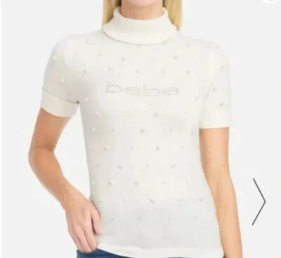 Bebe Y2K Rhinestone Turtleneck Sweater Soft Logo White Pearls Sz Small - Image 1 of 4