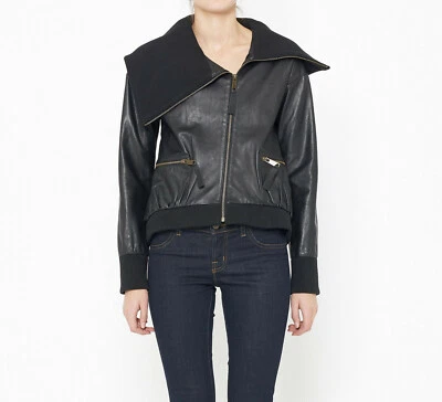 MADISON MARCUS Bomber Piloto Chaqueta de Cuero Cuello Grande Negro, Talla XS Foto 1 de 4