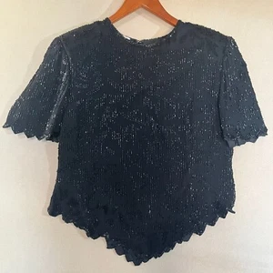 Laurence Kazar Vintage 80s 100% Silk Black Beaded Asymetrical Party Blouse NYE - Picture 1 of 8
