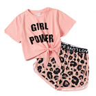 NWT Girls Size 6 Coral Pink Knot Tie Girl Power Leopard Print Shorts Set