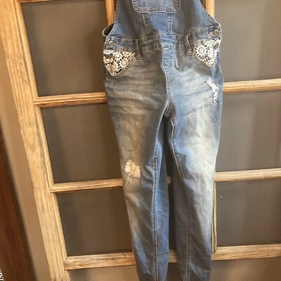 Justice Girl's Denim Bib Overalls, Lace Embellished, Distressed, Size 14, Blue - Image 1 of 4