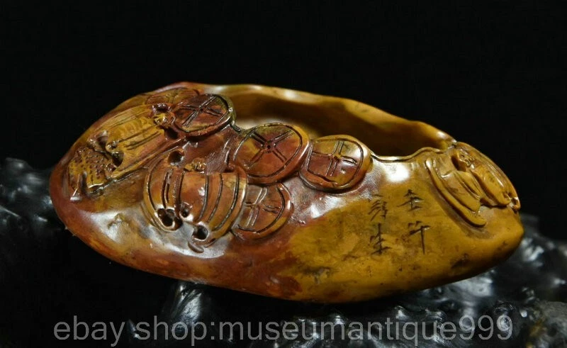 3.2"China Natural Tianhuang Shoushan stone Carving Coin Bat writing-brush washer Foto 1 de 4