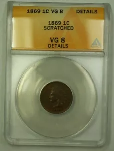 1869 Indian Head Cent 1c ANACS VG-8 Details Scratched (WW) - Picture 1 of 2