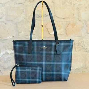 Coach Shirting Plaid Print Zip Top Tote In Signature Canvas Handbag+Wristlet NWT - Picture 1 of 14