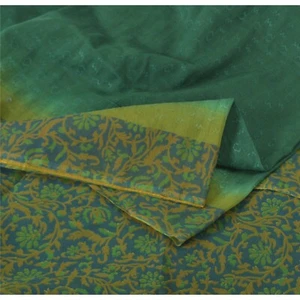 Sanskriti Vintage Blue/Green Sarees Cotton Silk Block Printed Woven Sari Fabric - Picture 1 of 12