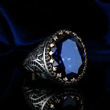 925 Sterling Silver Turkish Handmade Jewelry Zircon Blue Men's Ring All Size