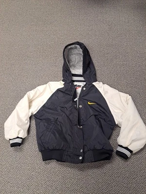 Vintage Nike Puffer Jacket Youth Small Swoosh Logo Hooded Zip Up Black & White  - Image 1 of 4