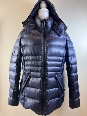 Andrew Marc 650 Fill Duck Down Power Puffer Jacket Women's L Navy Hood Pockets  - Image 1 of 4