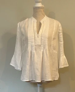 Mujer Elie Tahari Top Lino Blanco Mangas 3/4 Con Pliegues Talla M - Imagen 1 de 8