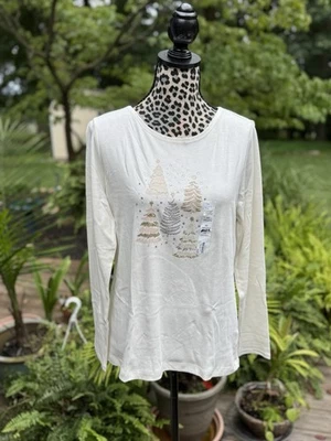 Christmas Croft & Barrow Cream Silver Gold Trees Long Sleeve T-Shirt SZ PM New - Image 1 of 4