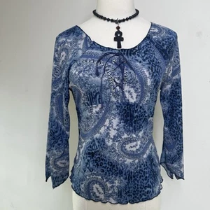 Vtg 90s Blue Paisley Mesh Fairy Sleeve Hippie Top Lace Up Whimsygoth Grunge S/M - Picture 1 of 5