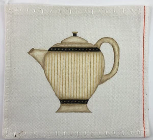 Handpainted Needlepoint Canvas Black & Gold Teapot Embroidery - Picture 1 of 5