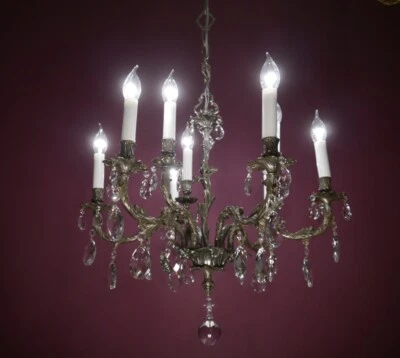 ANTIQUE CHANDELIER 9 LAMP CRYSTAL GLASS SILVER NICKEL LIGHTNINGs - Image 1 of 4