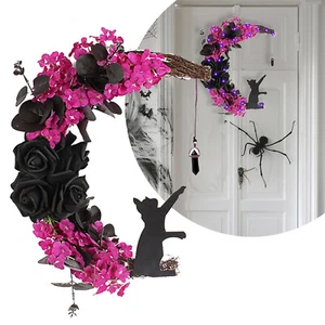 Halloween Katze Mondkranz für Haustür mit schwarzer Rose und Wildblume  - Bild 1 von 5