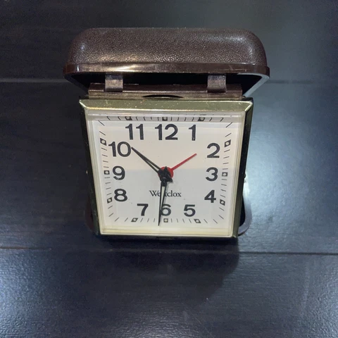 Vintage Portable Westclox wind up Travel Clock Alarm Folding Brown WORKS GREAT Cover