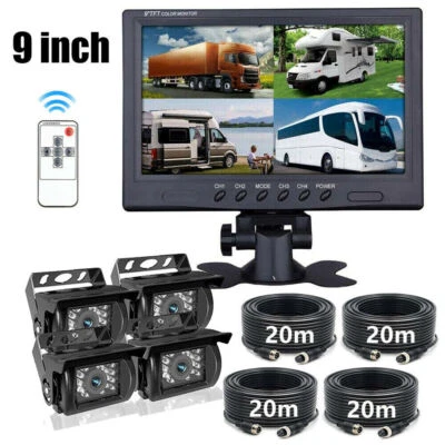 9" Quad Monitor Split Screen 4xRear View Camera Package For Truck RV 4x20M Cable - Image 1 of 4