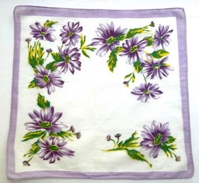 ВИНТАЖНЫЙ HANKY 1950-х фиолетовый GERBER DAISY маргаритки зеленый стебли цветочный принт - Изображение 1 из 4