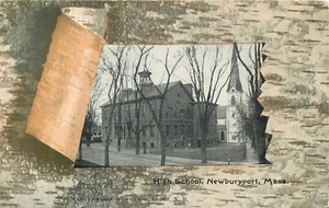 NEWBURYPORT, MASSACHUSETTS - HIGH SCHOOL - BARK PRINT BORDER - OLD POSTCARD - Picture 1 of 2