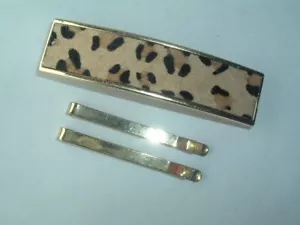 TAN & BLACK FUR PRINT GOLD METAL HAIR BARRETTE & 2 GOLD HAIR PINS - Picture 1 of 2