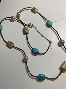 Lia Sophia Sonora 33" Strand Necklace Bronzite Turquoise Gold Tone Beaded w/ext - Picture 1 of 4