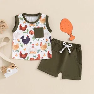 Toddler Boy Summer Outfits Baby Boy Sleeveless T-Shirt Farm Print Shorts Set - Picture 1 of 13