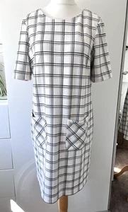 M&Co Ivory & Black Textured Short Sleeve Dress Stretch UK 16 Checked Pockets 016 - Picture 1 of 17