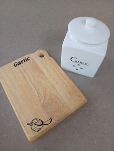Garlic Ceramic White Storage Jar & Wooden Chopping Board - Picture 1 of 5