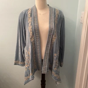Time for Me - Women’s Sz L - Light Teal Velvet Embroided Kimono Cardigan EUC - Picture 1 of 9
