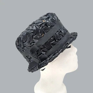 Vintage Hat Black Rattan Cloche Straw - Picture 1 of 8