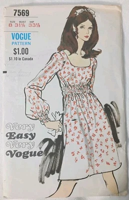 Vogue 7569 Smocked Waist Dress FF Sewing Pattern Size 8  Very Easy  1970s - Image 1 of 4