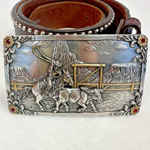 Tony Lama Cowboy Roping Steer Belt Buckle & Tooled Leather Belt Rodeo Western - Picture 1 of 19
