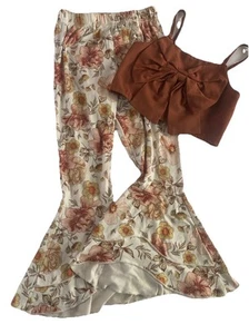 Girls Boho Floral Brown 2 Piece Set- Bell Bottoms And Crop Top Size 5Y - Picture 1 of 8