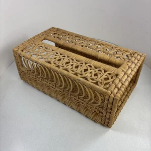 Porta SCATOLA PORTA FAZZOLETTI vintage tessuto VIMINI rattan Kleenex RETTANGOLO - Foto 1 di 6
