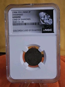 India 1904-1931 2P Hyderabad “Tierra de Diamantes” NGC Genuino - Imagen 1 de 4