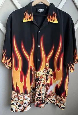 Vtg Dragonfly Men's XL SS Casual Button Down Shirt Biker Flames Skulls Polyester - Image 1 of 4