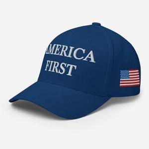 Blaue bestickte strukturierte Flexfit-Mütze America First USA-Flagge linke Seite Kappe - Bild 1 von 13