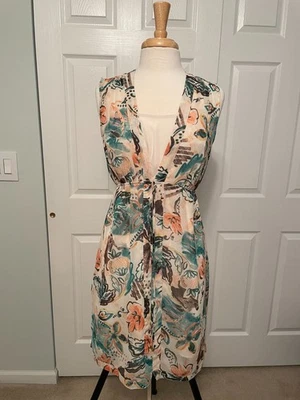 Merona V-Neck Shift Camisole Floral Dress, Ivory, Teal , Brown, Coral, Size M GC - Image 1 of 4